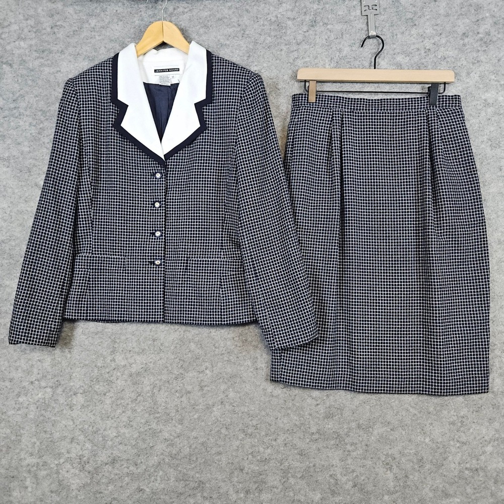 Jennifer Moore Skirt Suit Women's Size 12 Blazer Skirt Navy White Windowpane